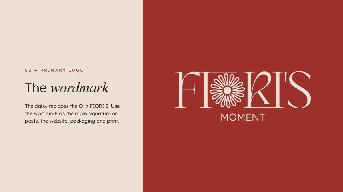 The primary logo in cream on red: FIORI’S with a daisy in place of the O, and MOMENT beneath.