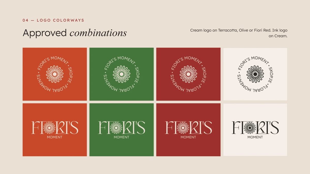 Logo colorways: the seal and wordmark in cream on Terracotta, Olive and Fiori Red, and in Ink on Cream.