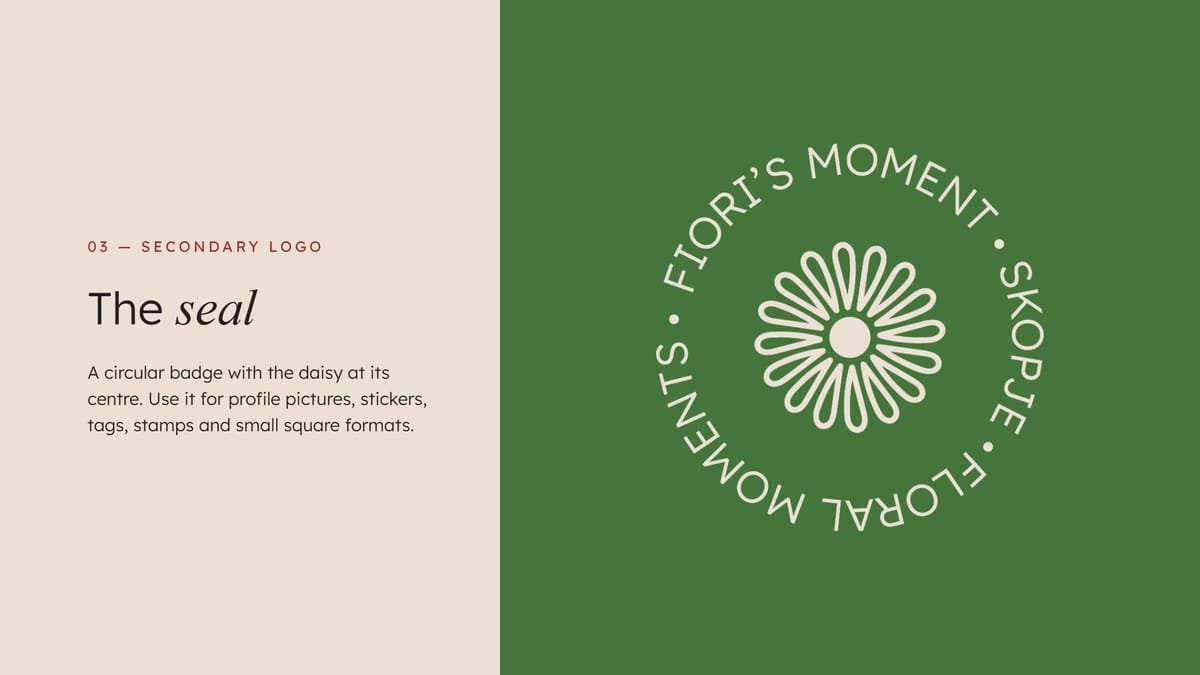 The secondary logo, a circular seal on green: a daisy ringed by “Fiori’s Moment · Skopje · Floral Moments”.