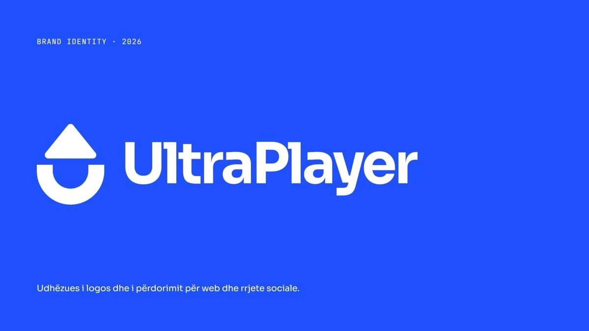 Логото на UltraPlayer во бело на UP сина позадина: симболот од U и стрелка до натписот, „Brand identity · 2026“.