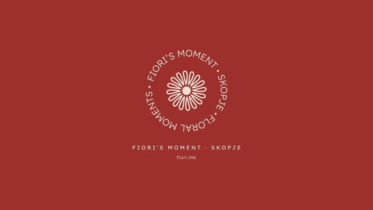 Closing page: the cream seal on Fiori Red above “Fiori’s Moment · Skopje” and fiori.mk.