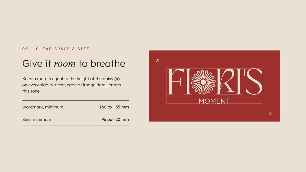 Clear space and size: a margin the height of the daisy around the wordmark; minimum 160 px for the wordmark, 96 px for the seal.