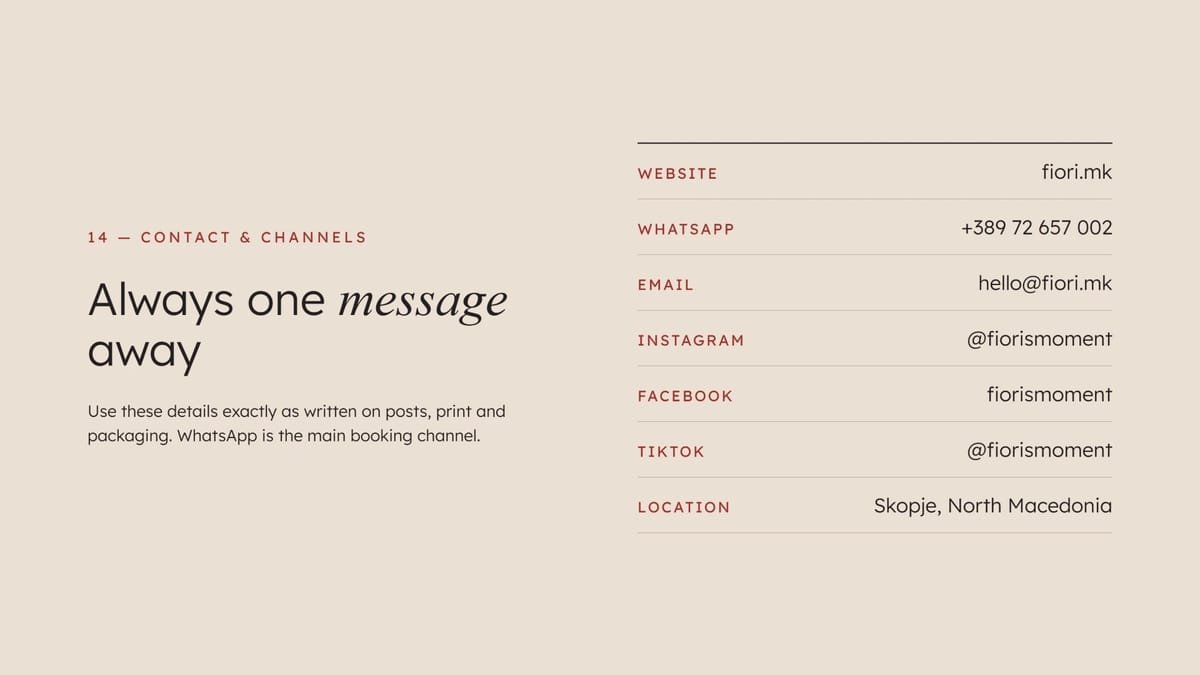 Contact and channels: website, WhatsApp, email, Instagram, Facebook, TikTok and location, with WhatsApp as the main booking channel.