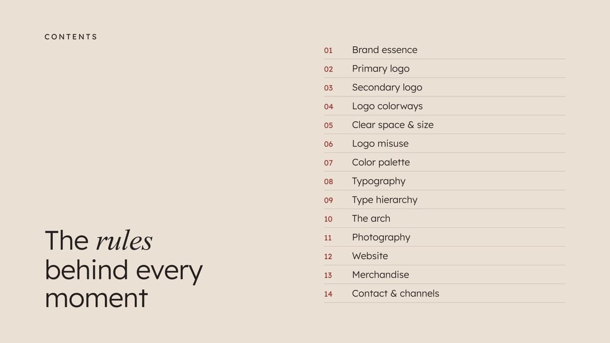 Contents page listing the fourteen brandbook chapters, from brand essence to contact and channels.