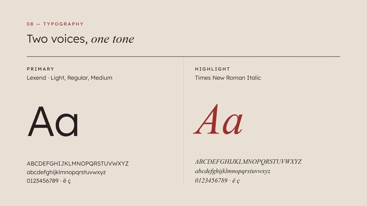 Typography: Lexend as the primary typeface beside Times New Roman Italic for highlights.