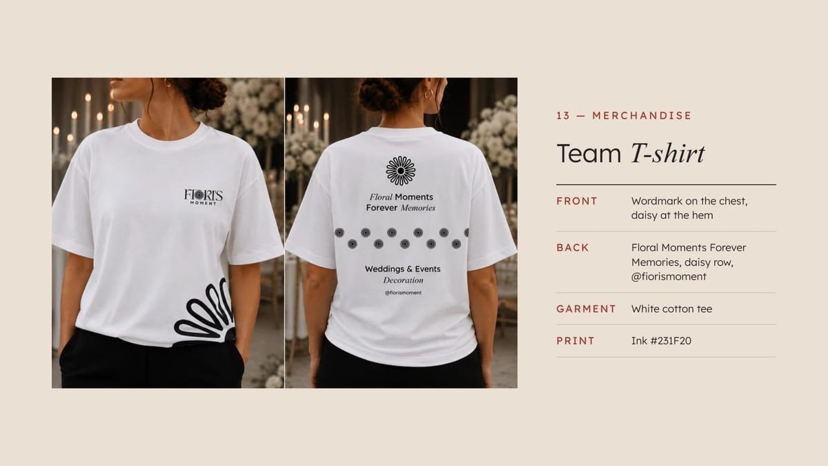 Merchandise: the white team T-shirt, with the wordmark on the chest and a daisy row and “Floral Moments Forever Memories” on the back.