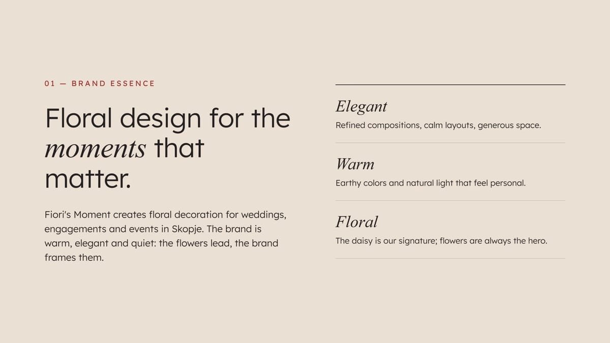 Brand essence page: “Floral design for the moments that matter” beside the values elegant, warm and floral.