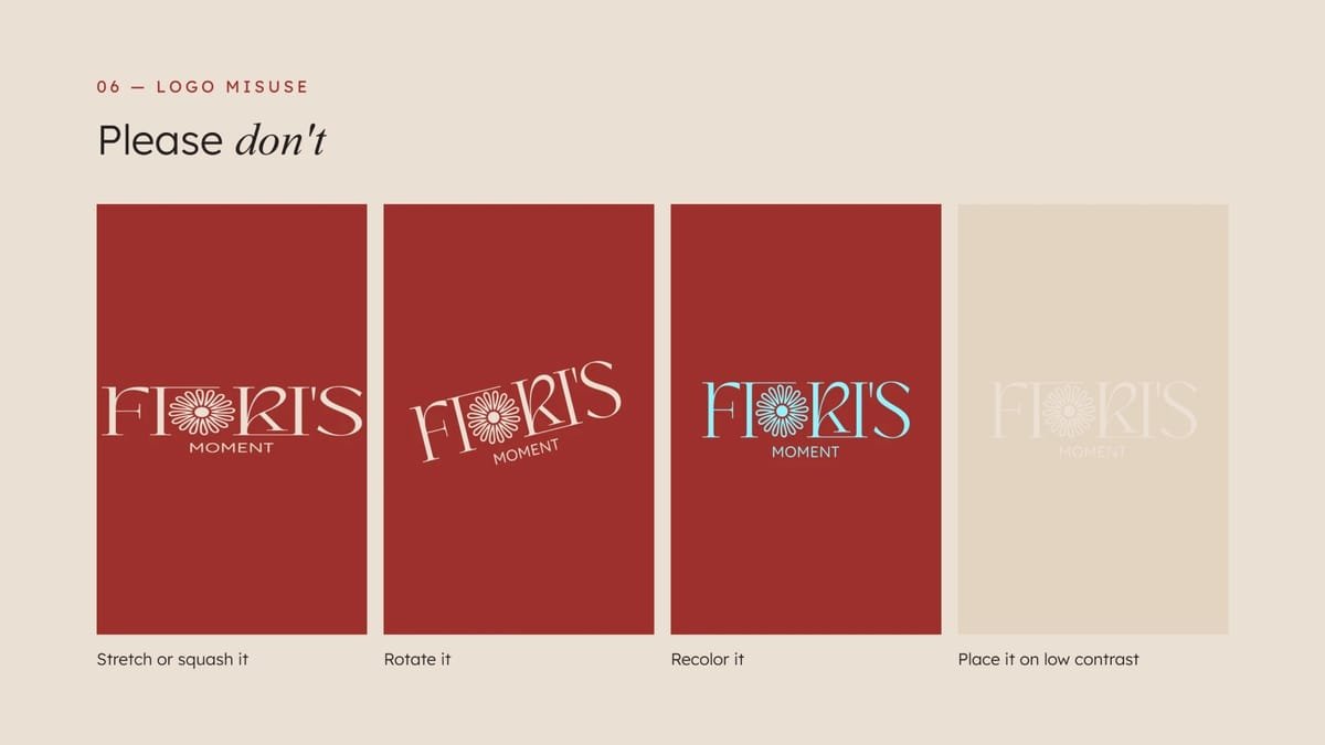 Logo misuse: four examples of what not to do, stretched, rotated, recoloured and on low contrast.