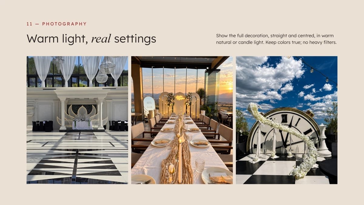 Photography: three real Fiori’s Moment decorations in warm natural light, a white wedding hall, a sunset table and a floral clock installation.